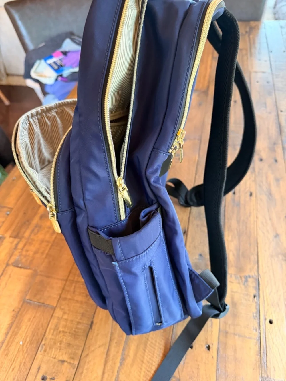Lovnak Quilted Navy Backpack USB Charging Port Travel School Bag
